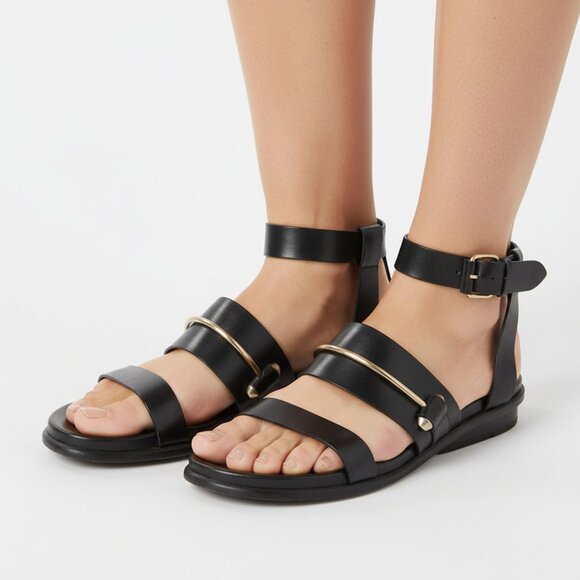 BALENCIAGA Leather Gladiator Sandals Black Gold Italy Designer Strappy Summer - Picture 1 of 16